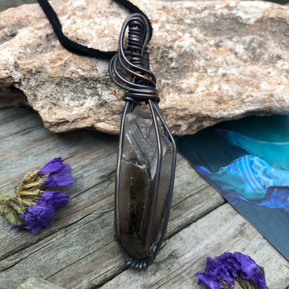 Oxidized Wire Wrapped Smoky Quartz Crystal Point Pendant Necklace - Picture 8 of 13